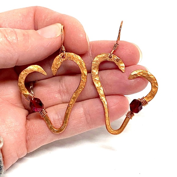 HANDCRAFTED Pure Copper Handwrapped and Hammered Statement Heart Dangle Earrings - Picture 7 of 10